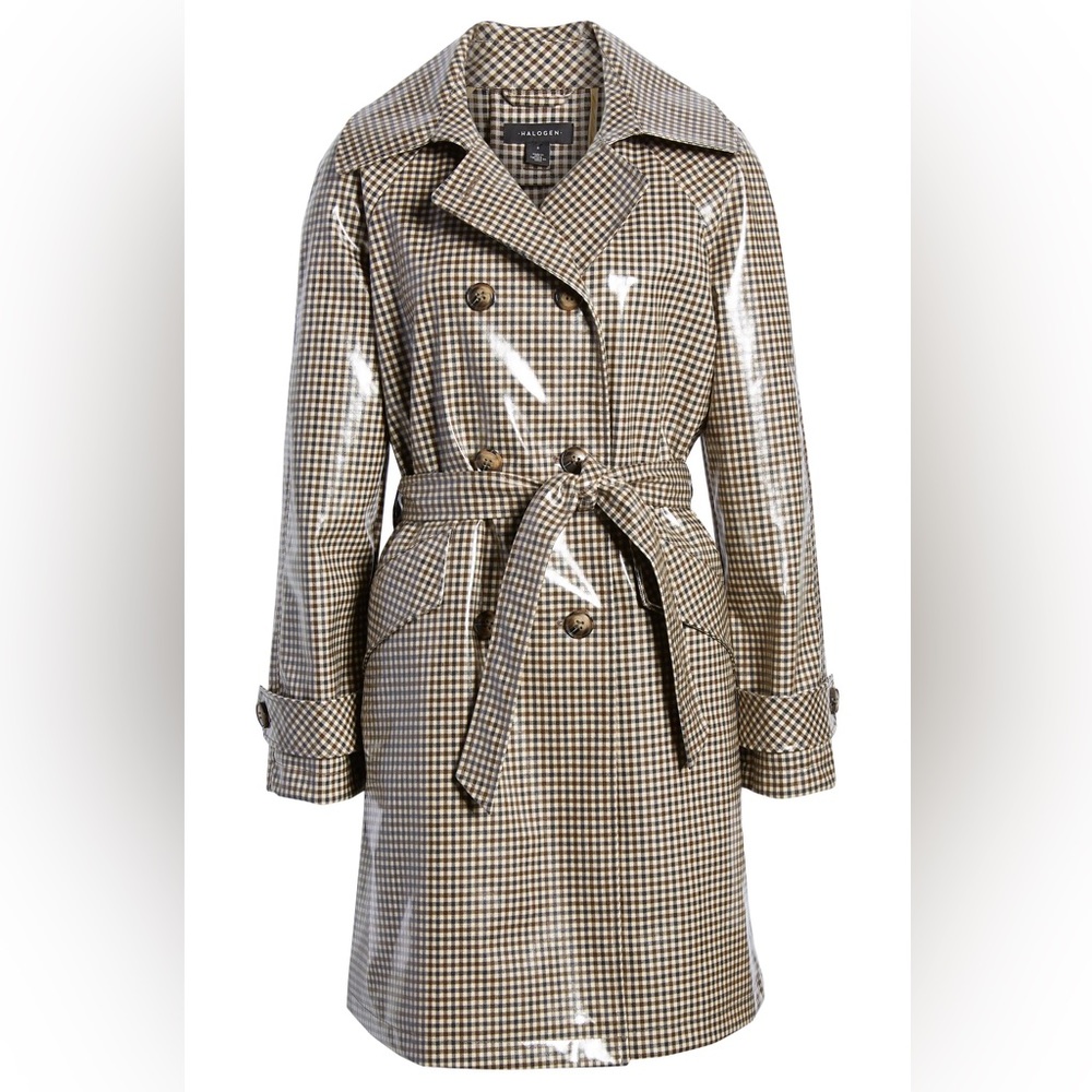 Water Resistant Coated Plaid Trench Coat